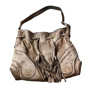 Bulga Tan Leather Studded Purse Tassel